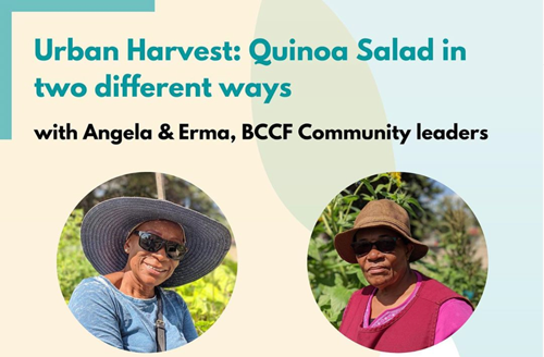[Photo description: Title text reads : Urban Harvest: Quinoa Salad in two different ways with Angela & Erma, BCCF Community leaders. Separate images of Angela & Erma.