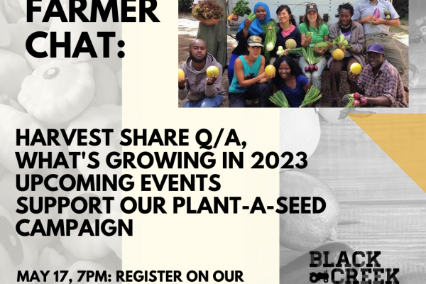 Virtual Farmer Chat Poster - May 17, 7pm. Image of farmers holding vegertables!