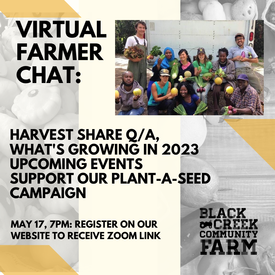 Virtual Farmer Chat Poster - May 17, 7pm. Image of farmers holding vegertables!